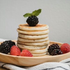 Delicious stack of pancakes topped with fresh berries and mint on a wooden plate.
